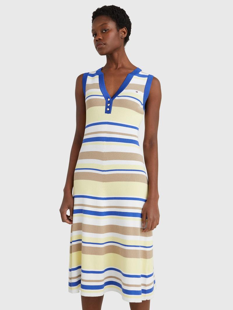 Női Tommy Hilfiger Stripe Henley Midi Dresses Színes | HU 126JPQ